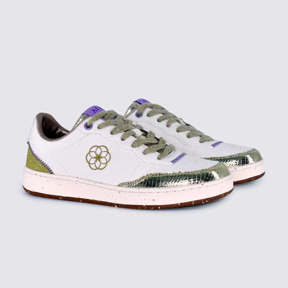 New - Evergreen Flower White Gold Purple Shoes